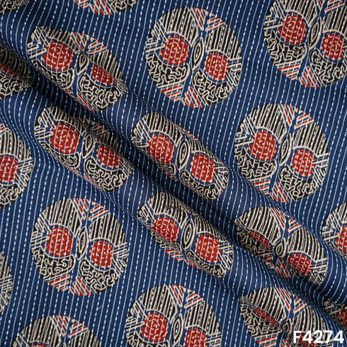 Indigo  Kantha Work Cambric Cotton Fabric- F4274